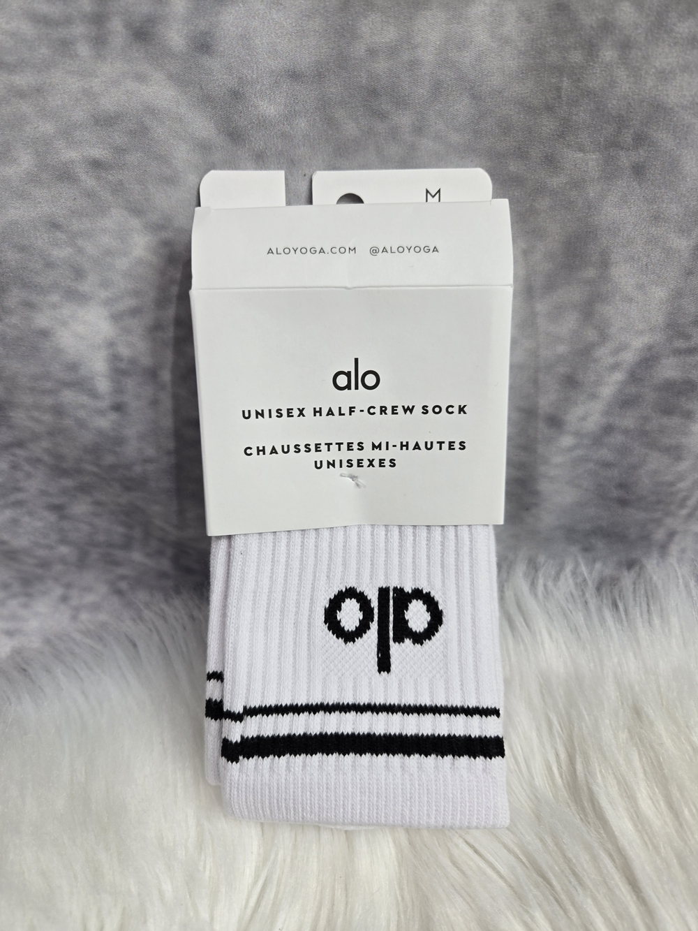 ALO Yoga White Athletic Half-Crew Socks with Black Logo